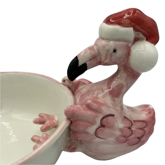 Hansen Ware Festive Pink Flamingo with Red Santa Hat Ceramic Bowl Serving Bowl - Picture 2 of 8